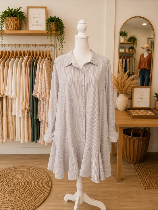 Free People Dresses & Skirts - Free People Gray White Stripe Cotton Shirt Dress Large Pockets Boho